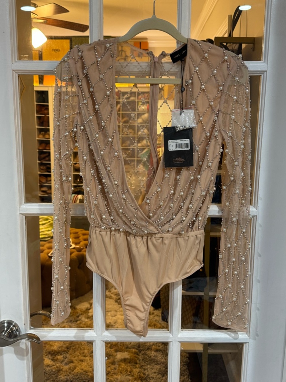 GORGEOUS nude/light pink pearl and silver embellished bodysuit sheer organza - Picture 3 of 6